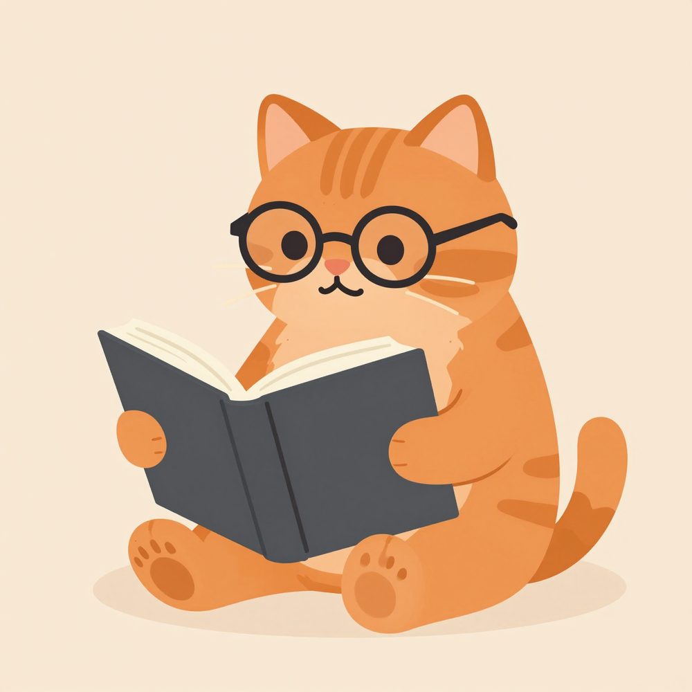 Аватарка-маскот для Телеграм-канала: рыжий кот в очках с книгой, мягкая флэт-иллюстрация