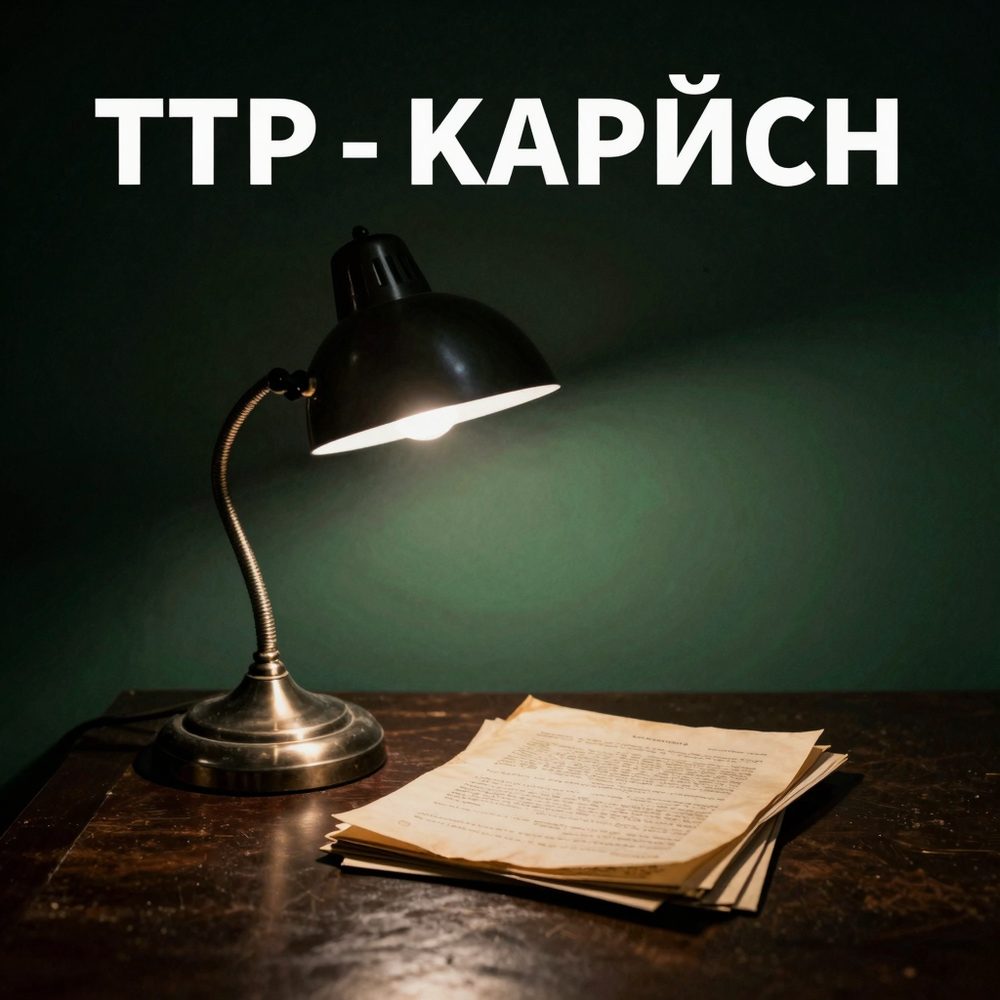 Обложка тру-крайм подкаста нейросетью: настольная лампа над папкой документов, мрачные тона